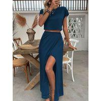 Kadın Kısa Kollu Bisiklet Yaka Viskon Krop Bluz Ve Uzun Etek Ikili Takım