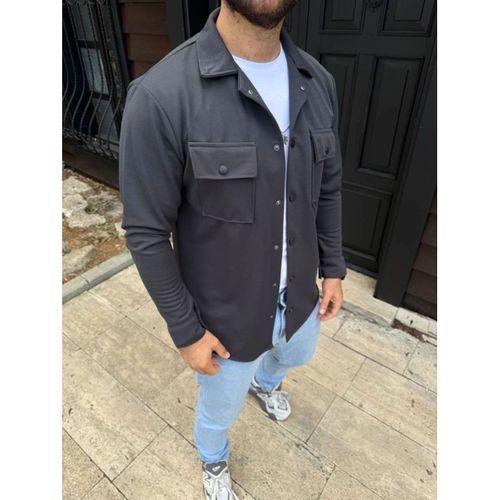 Erkek Diagonal Kumaş Cepli Çıtçıtlı Uzun Kollu, Gömlek Oversize Rahat Kalıp Günlük Şık Stil - Füme