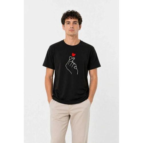 Erkek Kore Parmak Kalp Aşk Temalı Minimal Baskılı Tişört Yazlık Kısa Kol T-Shirt - Siyah