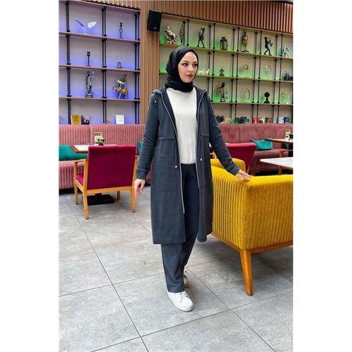 Kapşonlu Belden Bağlamalı Fermuarlı Sade Basic Uzun Tunik ve Pantolon İkili Spor Takım - 03065.017 - Antrasit