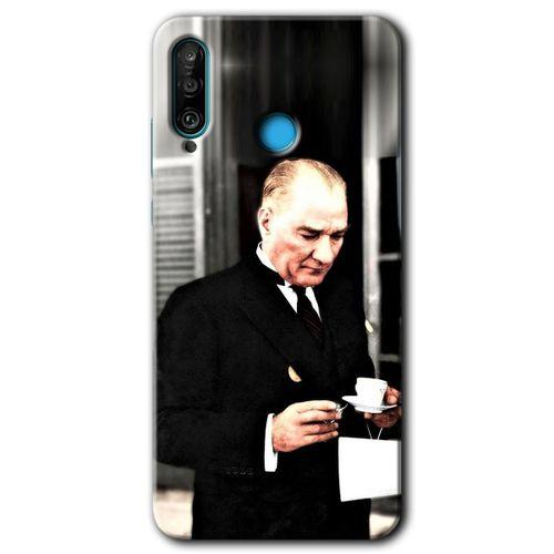 MRCİLETİSİM Huawei P30 Lite Kılıf Baskılı Kapak - Atatürk Türk Kahvesi + 5D Tam Kaplayan Cam