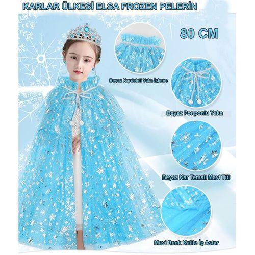 Karlar Ülkesi Elsa Frozen Mavi Pelerin – 80 cm Kar Desenli Çocuk Pelerini ( Taç Hariç ) (3748)