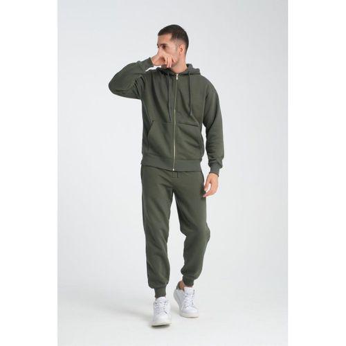 İçi Peluş Üç İplik Kumaş Oversize Fermuarlı Kapüşonlu Sweatshirt - Çam Yeşili