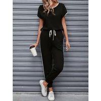 Kadın Kısa Kollu Yuvarlak Yakalı şerit Detaylı Viskon Iki Iplik Bluz Ve Pantolon Ikili Takım