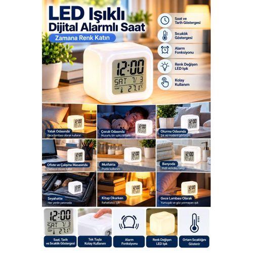 Dekoratif Küp Saat Led Işıklı Dijital Saat Alarm Ve Sıcaklık Özellikli