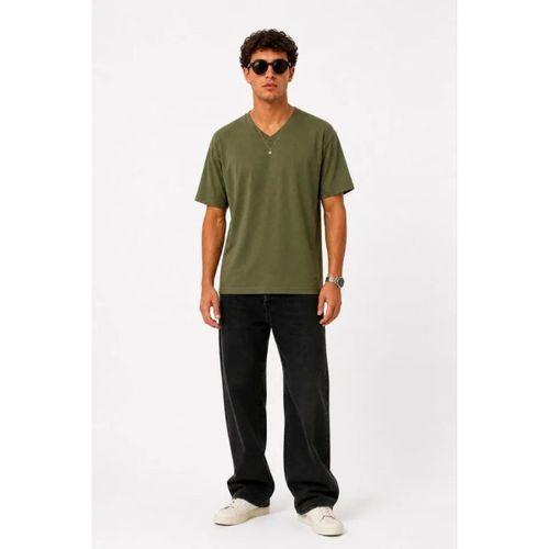 Erkek V Yaka Basic Tişört Kısa Kol Yazlık Regular Fit T-Shirt - Haki