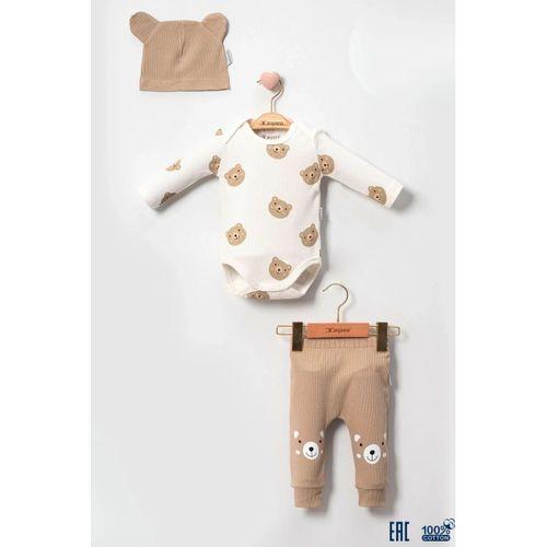 Kulaklı Ayıcık % 100 Pamuk 3'lü Erkek Bebek Takım