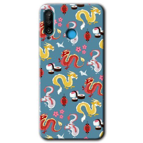 MRCİLETİSİM Huawei P30 Lite Kılıf Baskılı Kapak - Funky Dragon + 5D Tam Kaplayan Cam