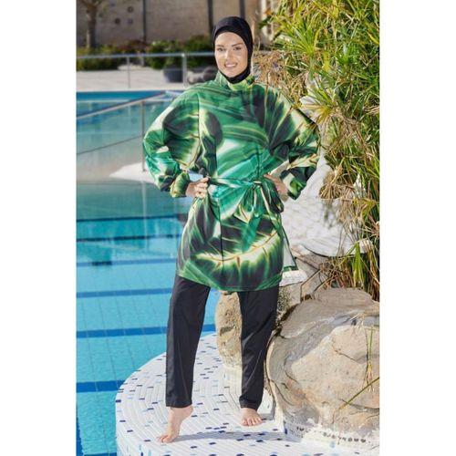 Estiva 26968 Siyah Emerald Flow Tam Kapalı Pantolonlu Kuşak Detaylı Tesettür Mayo