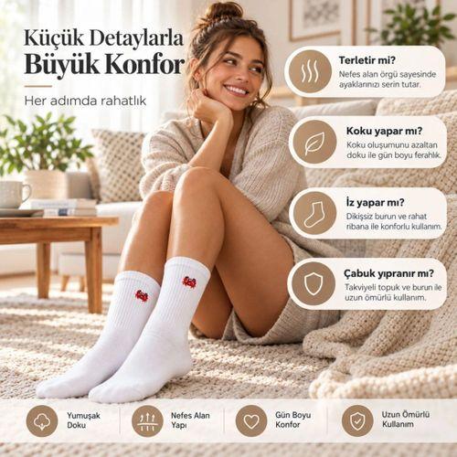Unisex Çorap Beyaz Hayvan Nakışlı 3'lü Set Yengeç Yılan Kedi Desenli Uzun Soket Günlük Spor Çorabı