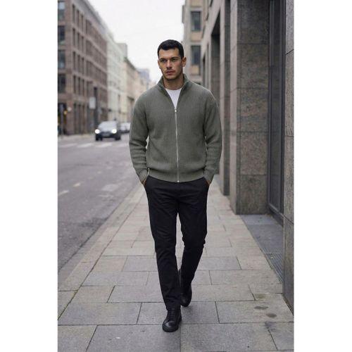 Woody Oversize Selanik Örme Fermuarlı Erkek Hırka- Füme