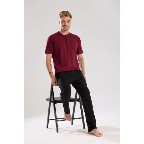 Erkek Bordo Düğmeli Yaka Kısa Kol Pijama Takımı