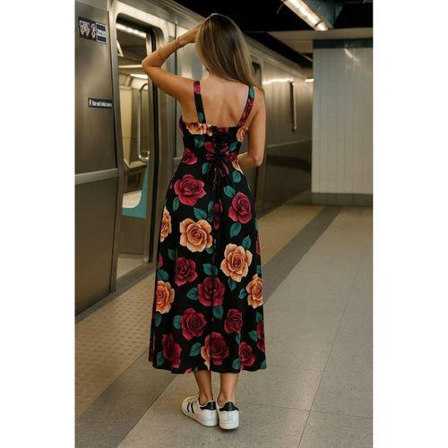 Kadın Askılı Geniş V Yakalı Sırttan Bağlamalı Yırtmaçlı Süprem Elbise