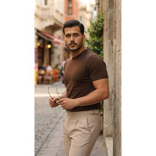 Erkek Basic Bisiklet Yaka Kısa Kollu Triko Tişört - %100 Pamuk Akrilik