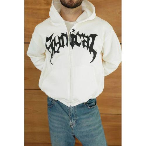 Erkek Kapüşonlu Sweatshirt Hoodie 3 İplik Şardonlu Pamuklu Kumaş, Önü Baskılı, Fermuarlı Rahat Kalıp, Kışlık Ve Sokak Stili Sweat - Beyaz