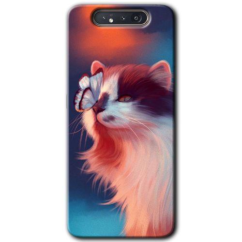 Galaxy A80 Kılıf HD Desen Baskılı Arka Kapak - Cat Butterfly + Kırılmaz Cam