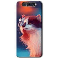 Galaxy A80 Kılıf HD Desen Baskılı Arka Kapak - Cat Butterfly + Kırılmaz Cam