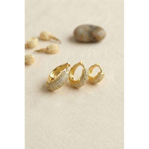 Gold Renk 3 lü Zirkon Taşlı Halka Küpe Set