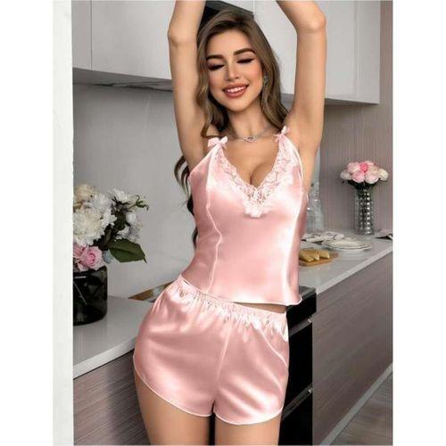 Pembe Dantel İşlemeli İnce Askılı Saten Şortlu Takım