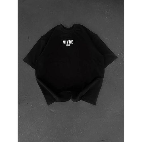 Baskılı Oversize Bisiklet Yaka T-shirt - Siyah