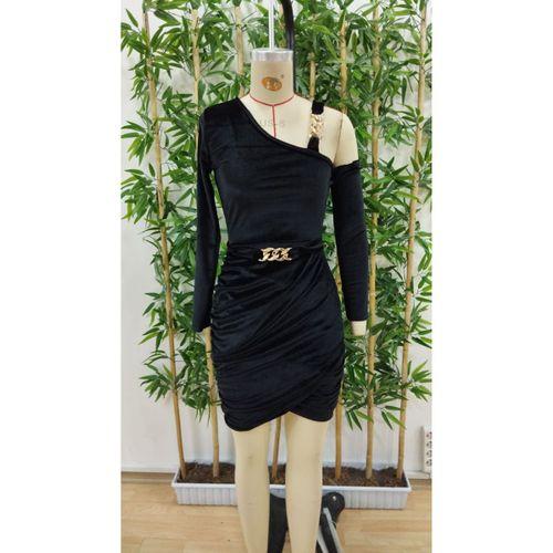 Kadın Uzun Kollu Tek Omuzu Açık Tokalı Takma Kol Detaylı Kısa Kadife Elbise