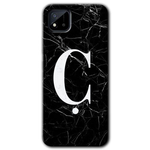 MRCİLETİSİM Realme C11 Kılıf Baskılı Kapak - Siyah Mermer Desenli Ç Harfi + 5D Tam Kaplayan Cam