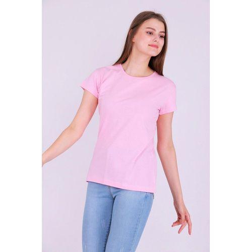 Pembe Renk %100 Pamuk Bisiklet Yaka Basic Baskısız Kadın Örme Kısa Kollu Tshirt