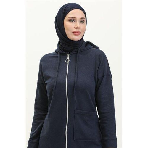Kapşonlu Fermuarlı Yırtmaçlı Uzun Sweat Pantolon Spor İkili Takım - 03055.015 - Lacivert
