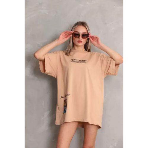 Pilelistore Unisex Bisiklet Yaka Baskılı Oversize T-Shirt - Bej