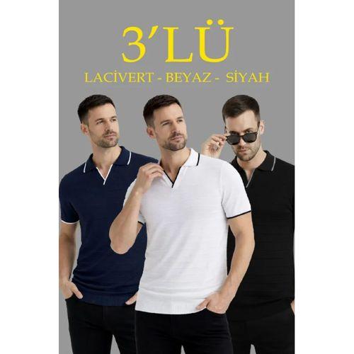 Erkek 3’lü Paket Triko Yakalı Düğmesiz Açık Yaka Fitilli Kısa Kollu Regular Fit Tişört -