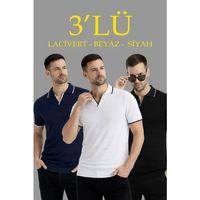 Erkek 3’lü Paket Triko Yakalı Düğmesiz Açık Yaka Fitilli Kısa Kollu Regular Fit Tişört -