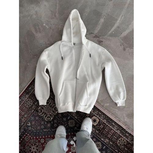 Pilelistore Oversize Tam Fermuarlı Uzun Kol Hırka - Beyaz