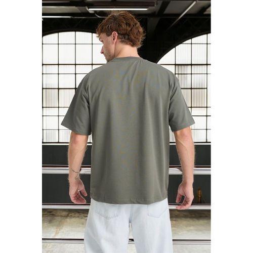 İki İplik Kumaş Pamuklu Bisiklet Yaka Basic Oversize Erkek T-Shirt - Avcı Yeşili