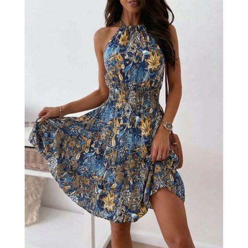 Kadın Omuzlardan Açık Beli Lastikli Desenli Kısa Süprem Elbise