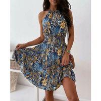 Kadın Omuzlardan Açık Beli Lastikli Desenli Kısa Süprem Elbise