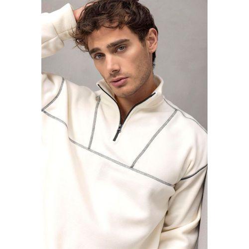 Crowe Çizgi Şeritli Oversize Yarım Fermuar Polar Erkek Sweatshirt - Ekru