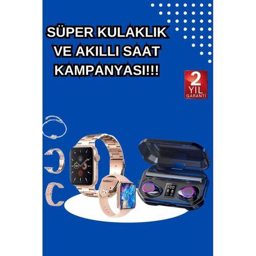 Kadınlar İçin 3 Kordonlu Akıllı Saat Ve Dijital Göstergeli Powerbankli Bluetooth Kulaklık Dokunmatik Kontrol