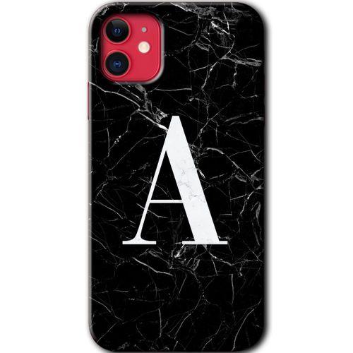iPhone 11 HD Baskılı Kılıf + 9D Tam Ekran Koruyucu - Siyah Mermer Desenli A Harfi