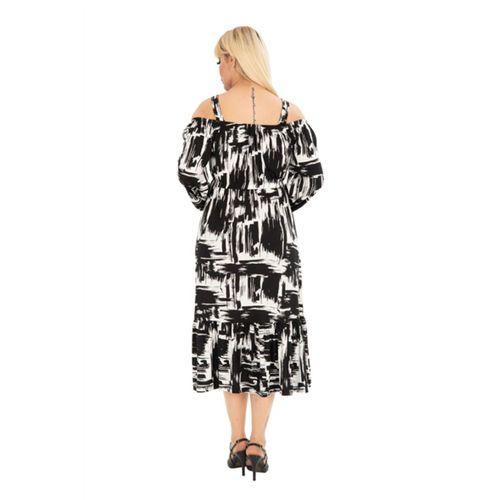 Melsay Butik Siyah Fırça Desen Madonna Yaka Uzun Kollu Midi Elbise