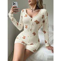 Pamuklu Ekru Ayıcık Desenli Düğmeli Tulum Pijama