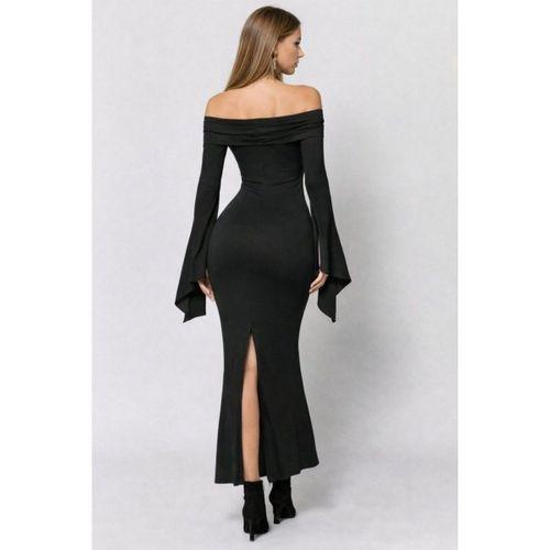 Kadın Madonna Yaka Uzun Yırtmaç Kol Detaylı Uzun Ithal Krep Elbise