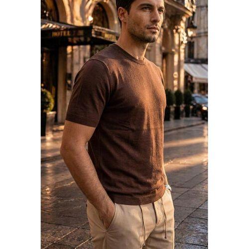 Kwon Bisiklet Yaka Basic Kısa Kollu İnce Triko Erkek T-Shirt - Kahve