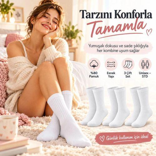 Unisex Beyaz Soket Çorap %80 Pamuk 12'li Set Dikişsiz Burun Takviyeli Esnek Günlük Spor Çorabı Rahat