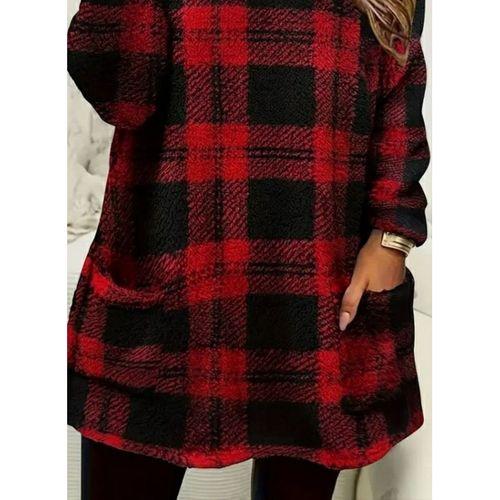 Kadın Uzun Kollu Yarı Balıkçı Yakalı Cep Detaylı Ekoseli Dokuma Tunik