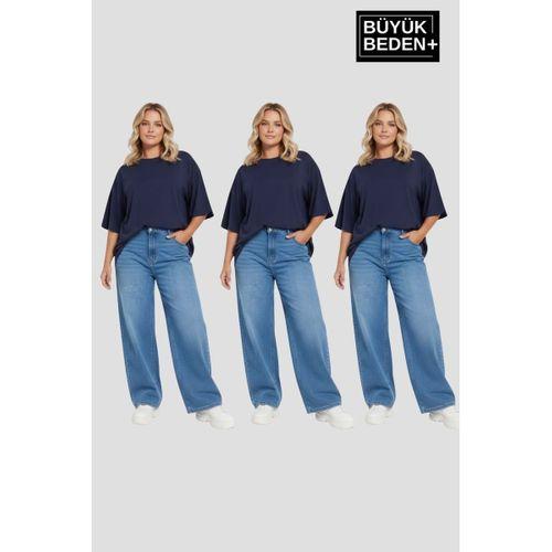 Büyük Beden Kadın Basic 3XL-6XL Bisiklet Yaka 3 lü Tişört Seti SPR26BTSK510+3