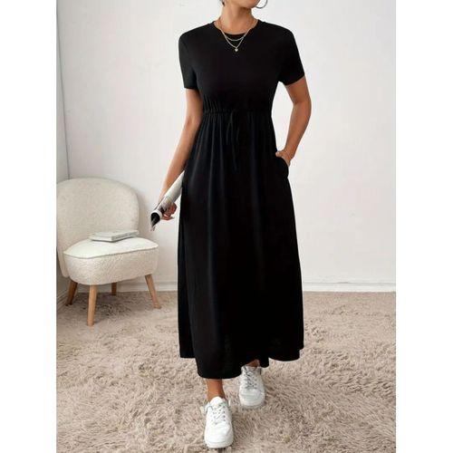 Kadın Kısa Kollu Bisiklet Yaka Belden Bağcıklı Cepli Viskon Elbise