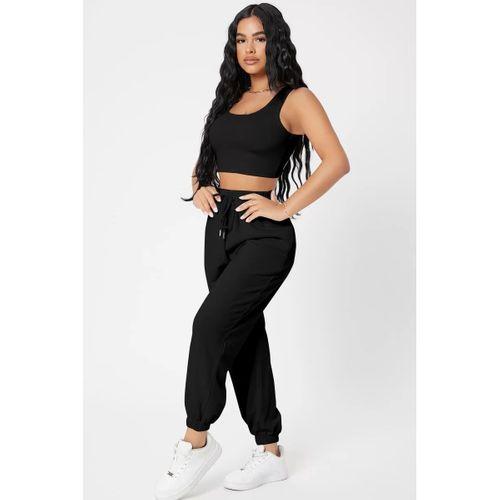 Kadın Siyah Kaşkorse Cepli Jogger Eşofman Altı Ve Crop Top Bluz
