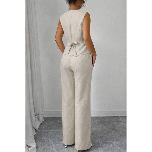 Kadın Askılı önden Düğmeli Bluz Ve Pantolon Keten Ikili Takım