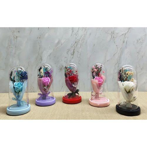 Işıklı Müzikli Cam Fanus İçinde Lavantalı Romantik Gül