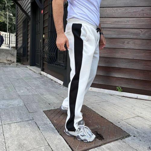 Erkek Üç İplik Kışlık Pamuklu Yandan Garneli Kalın Şeritli Cepli Eşofman Altı - Beyaz